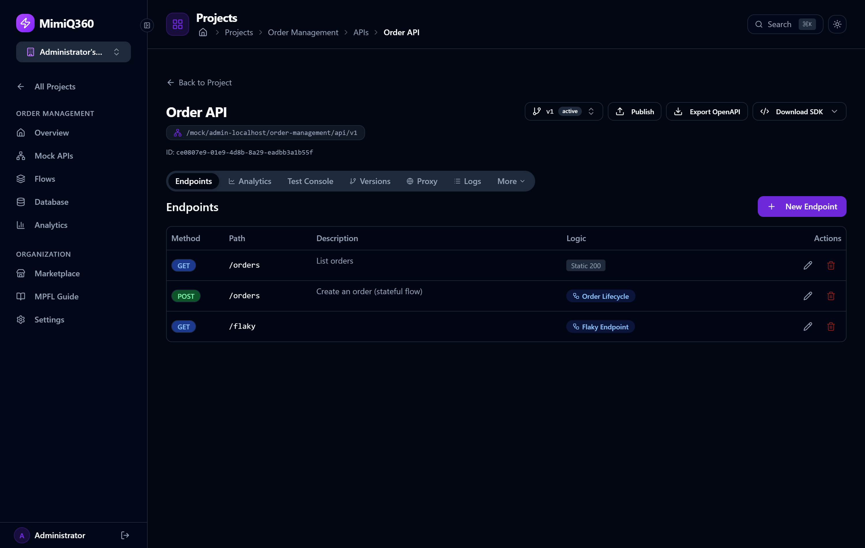 MimiQ360 console showing the endpoints of a Mock API